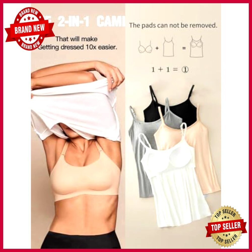 Built-In Padded Bra Camisole Tank Top Adjustable Straps Viscose Blend - Picture 3 of 7